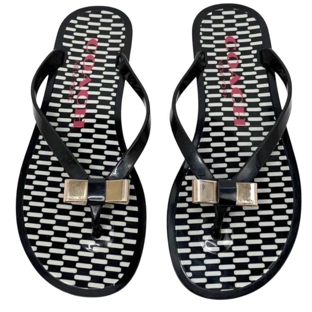 Coach Landon Black Jelly Thong Sandal Flip Flops With Gold Bow Size 6